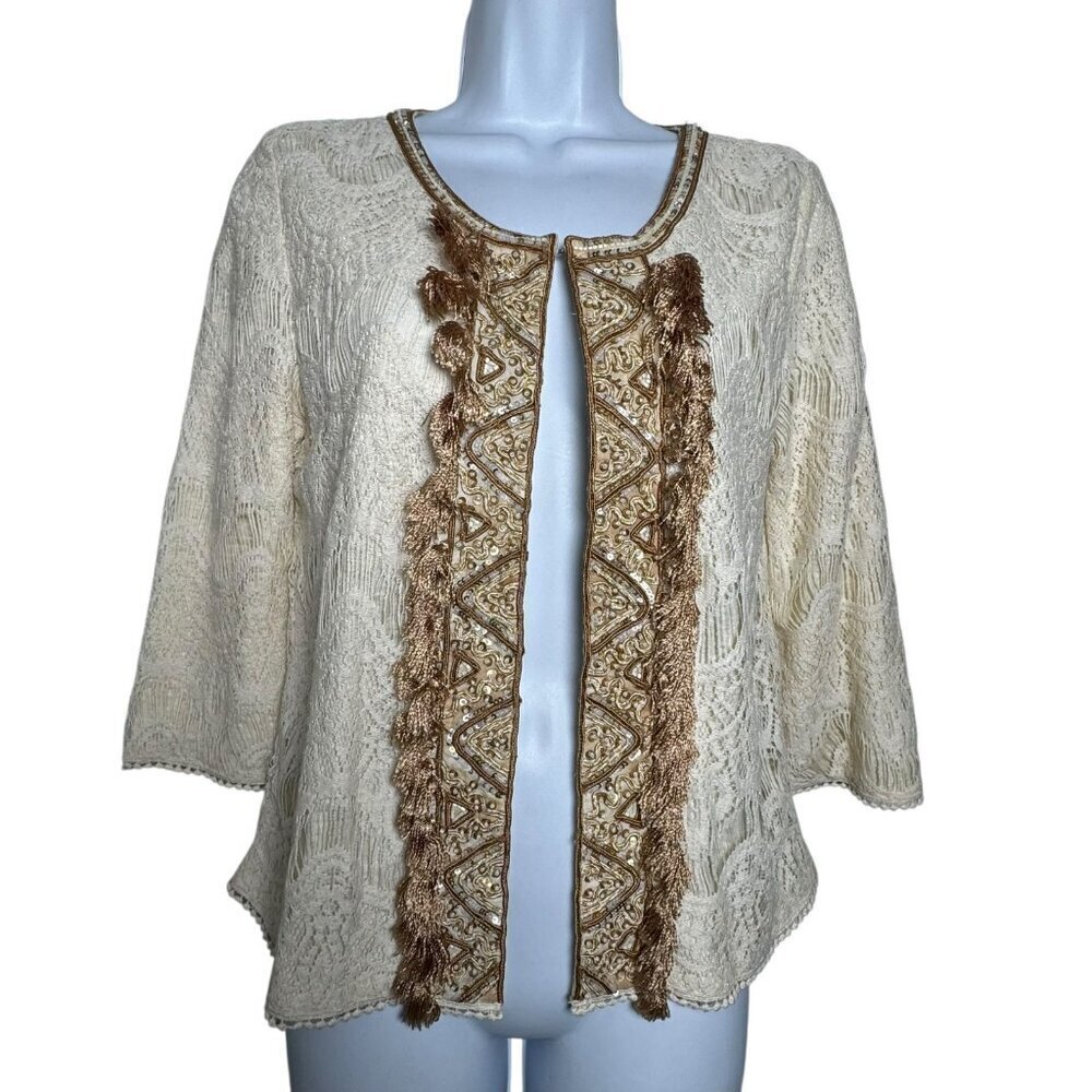 Calypso St. Barth Beaded Tasseled Lace Hook Eye Cardigan Size Small Cotton Blend - Picture 9 of 10